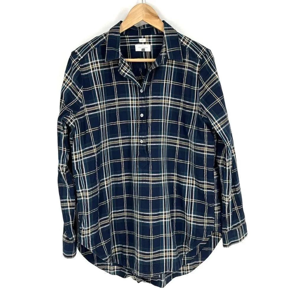 Loft Softened Top Size Large Women Navy Brown Plaid Long Sleeve Popover Shirt